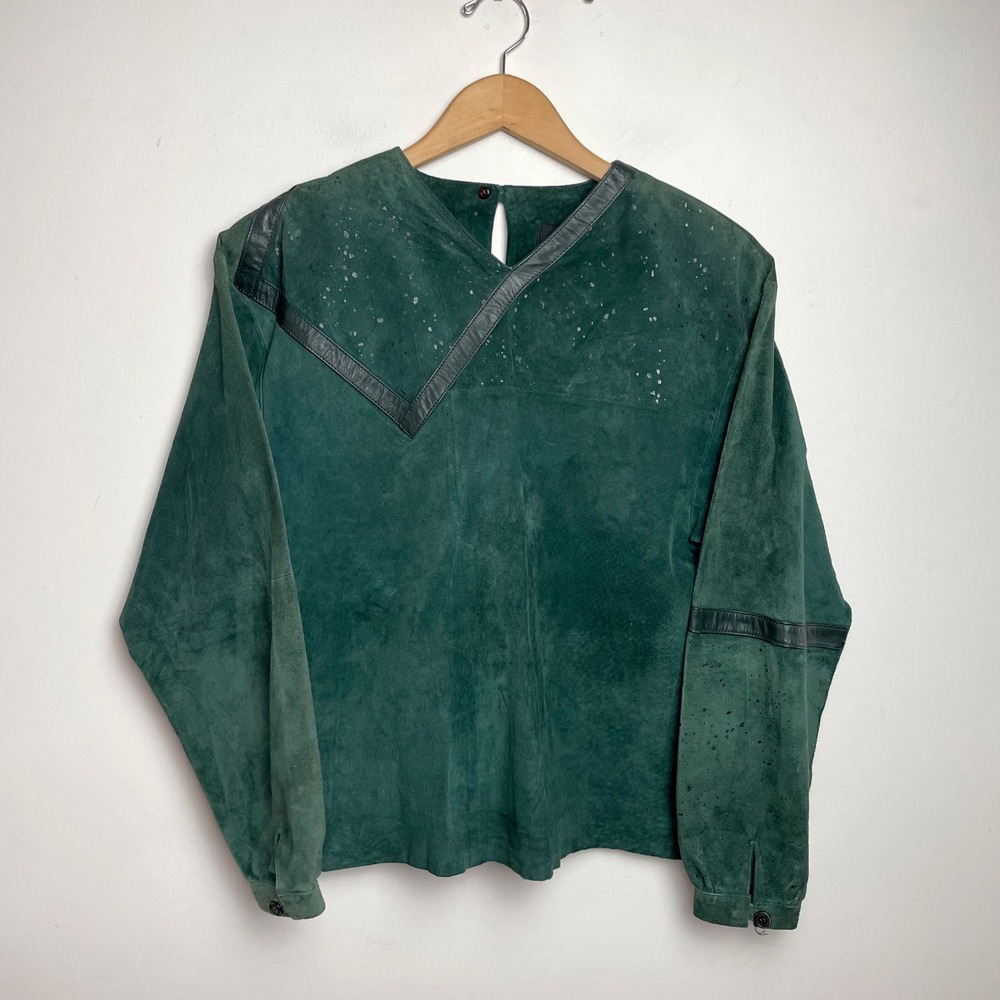 Vintage Green Suede Leather Shirt Top Small 80s Boho Grunge Avant Garde Retro
